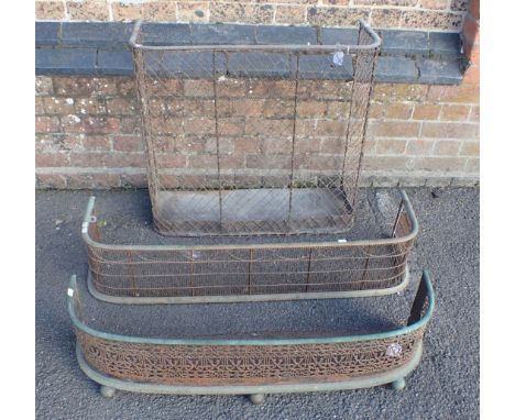 A 19th CENTURY WIRE WORK NURSERY FIREGUARD, WITH BRASS RAIL 77cm wide, a pierced steel and brass fender, and a wire work fend