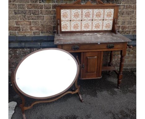 A LATE VICTORIAN WASHSTAND WITH ROUGE MARBLE TOP and transfer-printed tile splashback 92cm wide (plus towel rail), and an Edw