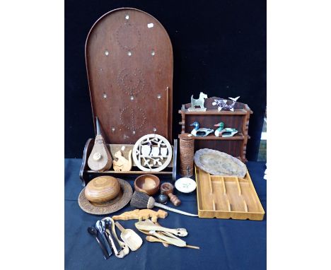 A BAGATELLE BOARD together with a quantity of wooden items