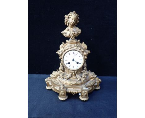 A FRENCH SPELTER MANTEL CLOCK, MARTI &amp; Cie movement, striking on a bell 38cm high (lacking dome and base)