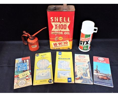 MOTORING: A CASTROL GTX ADVERTISING THERMOS FLASK a SHELL motor oil can, a MOBIL oil can, four ESSO/Michelin maps, and a BOAC