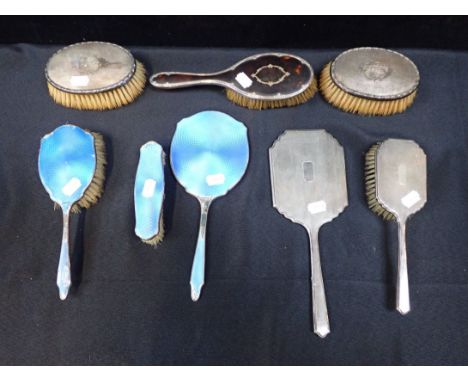 SILVER DRESSING TABLE ITEMS brushes and hand mirrors, some with enamel and tortoiseshell