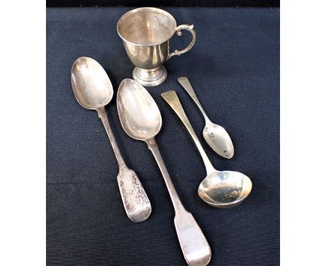 A GEORGE III SILVER OLD ENGLISH SAUCE LADLE by Thomas Wallis and Jonathan Hayne, London1815, two serving spoons, a christenin