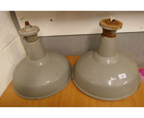 Pair of large enamel industrial light shades 