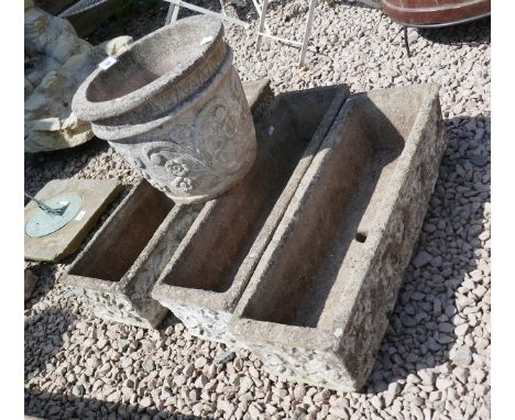 2 pairs of stone troughs together with circular planter 