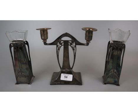 WMF - Pair of posy vases together with a candle stick - Approx height: 17cm 