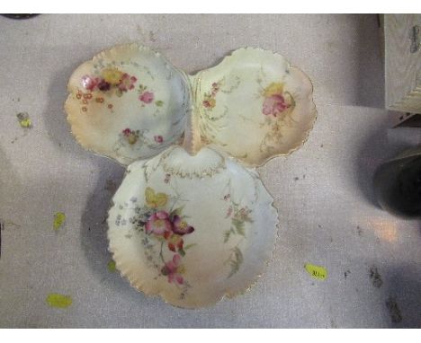 A Royal Worcester blush ivory trefoil dish, decorated with flowers and gilding