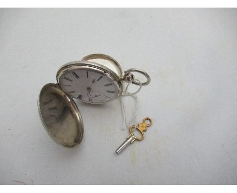 A white metal pocket watch, within an engine turned case, with second hand sweep and enamel dial