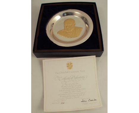 A cased The Churchill Centenary Trust plate, with portrait of Sir Winston Churchill, marked 925 Filled,&nbsp; diameter 8ins