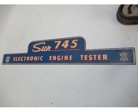 A painted sign for the Sun 745 Electric Engine Tester, on a blue ground, width 32ins
