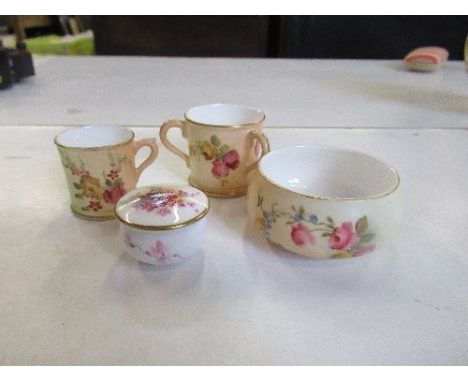 Four Royal Worcester miniature items, to include a rice pot, tankard, bowl and loving cup