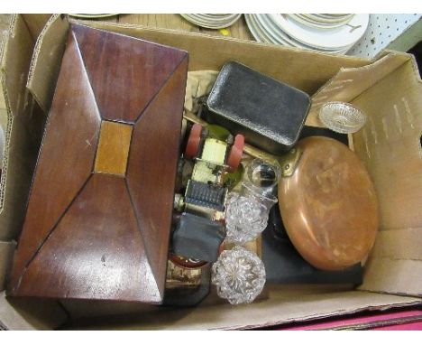 A box of sundries, to include a tea caddy, copper sauce pan, model car etc
