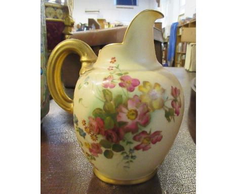 A Royal Worcester blush ivory flat back jug, painted with flowers, shape number 1094, height 5.5ins