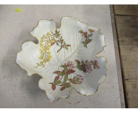 A&nbsp; Royal Worcester blush ivory bowl, shaped as a leaf, with leaf decoration and gilded rim, diameter 10ins