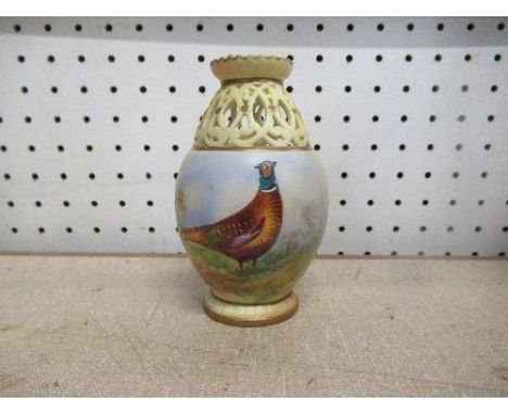 A Worcester Locke &amp; Co vase, wit pierced blush ivory neck, painted with a pheasant, signed Stinton, height 4.25ins