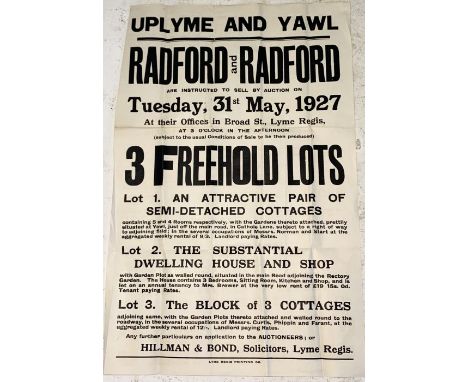 A vintage auction poster from 1927 advertising the sale of five properties and a shop in Uplyme and Yawl on the Devon/Dorset 