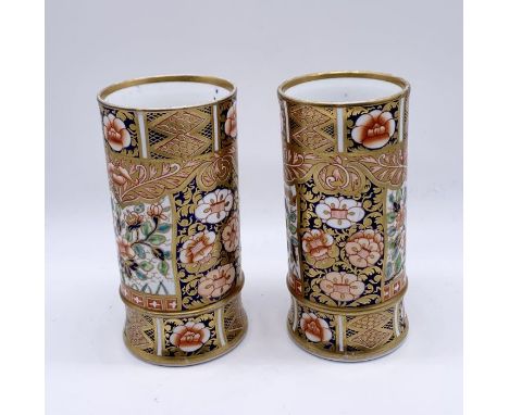 A pair of 19th Century Spode Imari patterned cylindrical vases, pattern number 1227