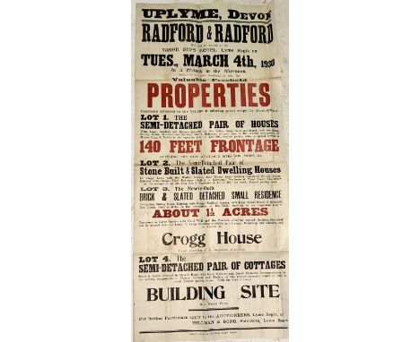 A large vintage auction poster from 1930 advertising the sale of Crogg House in Uplyme, Dorset and six other houses on Crogg 
