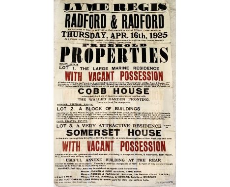 A large vintage auction poster from 1925 advertising the sale of Cobb House, Somerset House and a block of buildings in Lyme 