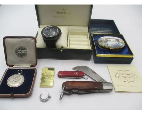 A hallmarked silver NAAFI medallion , English enamel pill box, pocket knives etc.