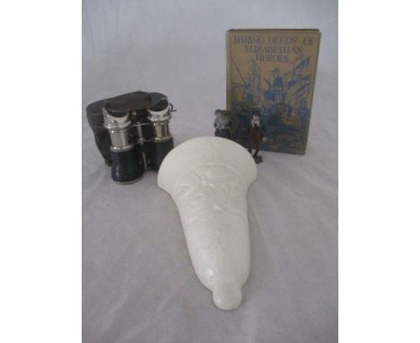 A Spode Velamour wall pocket, "Daring Deeds of Elizabethan Heroes", antique binoculars and a pair of lead figures "Kathleen "