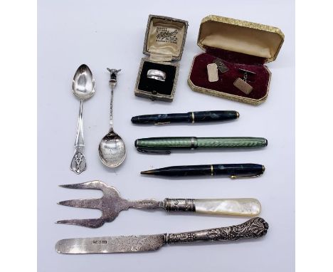 A collection of miscellaneous items including silver cufflinks and ring, silver coffee spoons - one from the British Goat Soc