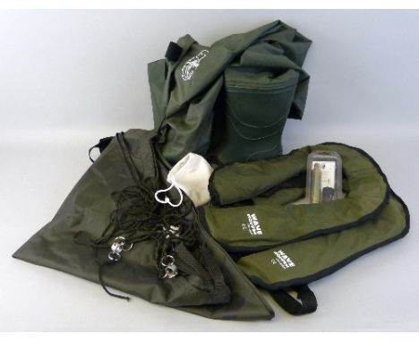 Fishing - Two Wave Hopper gas inflated life jackets with spare gas cyliner, a sea drogue and a pair of John Norris waders, si
