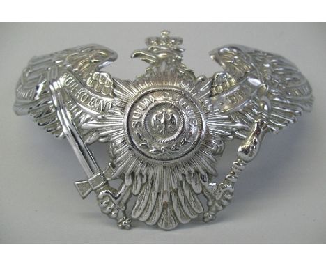 A WW1 German pickelhaube helmet plate of curving form with chromium plated finish, 18cm wide