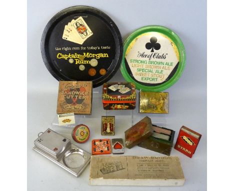 Playing card related boxes etc, including boxed Goodall Draw-Bridge Stands, Chinese brass bound lacquered card box, set of su