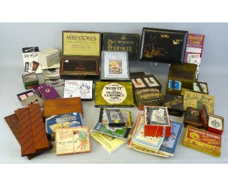 Playing card boxes and tins, including braille set in tin, Chinese lacquered boxes, boxed card games including Bezique, Miles