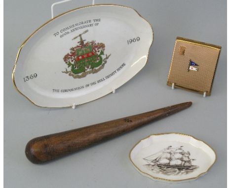 An Ellermans souvenir gilt metal compact of engine turned oblong form, the hinged top with two enamelled flags, monogrammed, 