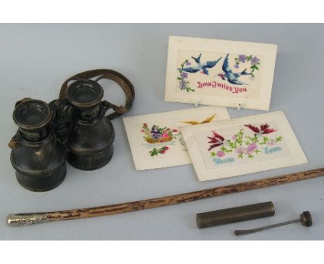 A Royal West Kent Regiment swagger stick 70cm long, three WWI silk embroidered postcards, a brass cylindrical gun oiler and a