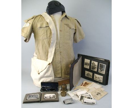 A WW2 WAAF tropical blouse with sergeants stripes, a white canvas medical shoulder bag, a middle eastern olive wood bound pho