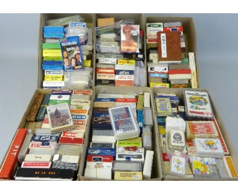 Six boxes of playing cards and playing card games, approximately two hundred packs including souvenir, promotional, advertisi