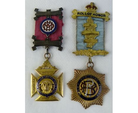 RAOB Jewels - 9ct gold Order of Merit and Honour of Knighthood cross with silver and enamel mounted ribbon, inscription verso