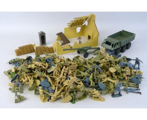 A large quantity of plastic figures, WW2 British, Japanese and German soldiers, together with a plastic army truck, field gun