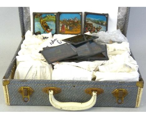 Photography - Magic Lantern slides, late 19th/early 20th century glass 8cm x 8cm slides in 23 linen bags each containing a se