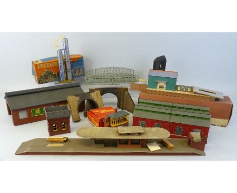 '00' gauge - art deco style wooden station, wooden and plastic engine sheds, tunnel entrances, boxed Vollmer hydrierturm V503