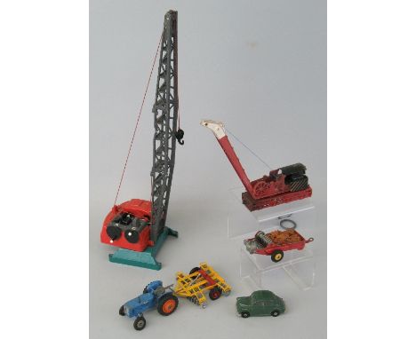 Hornby Dublo - breakdown crane, Corgi Fordson Power Major tractor and disc harrow, Dinky Massey Harris manure spreader, Corgi