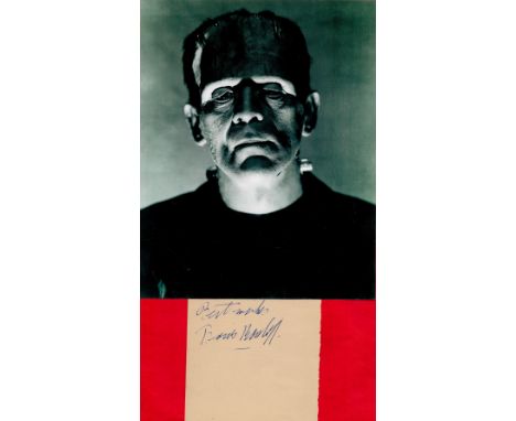 Boris Karloff signed 4x4 approx album page and Frankenstein 10x8 black and white vintage photo. William Henry Pratt (23 Novem