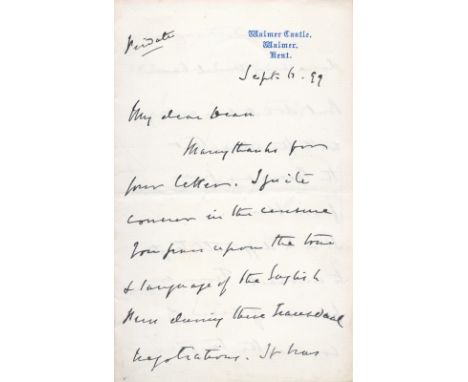 Robert Gascoyne-Cecil, 3rd Marquess of Salisbury ALS dated Sept 6 1899. Three pages 8vo Walmer Castle ,Walmer, Kent to the De