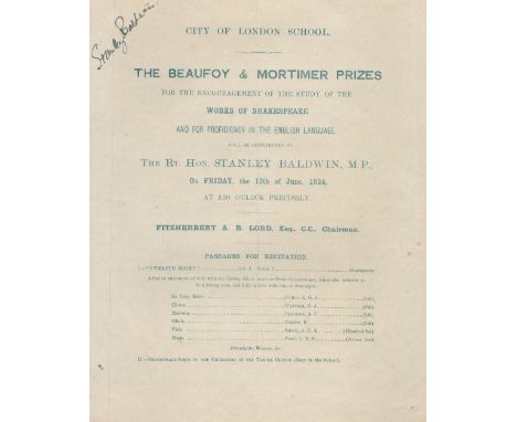 Stanley Baldwin signed Programme page dated 13th June 1924  an event that he was present at taken from the Kirby autograph co