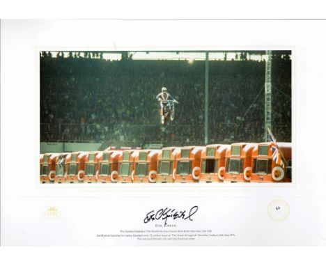 Evel Knievel signed original A3 lithograph print of the 1975 Wembley Stadium jump was exclusively commissioned by the Origina