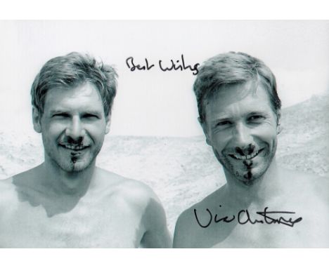 Stunt Double, Vic Armstrong signed 7x5 black and white photograph pictured with Harrison Ford as he played his stunt double i