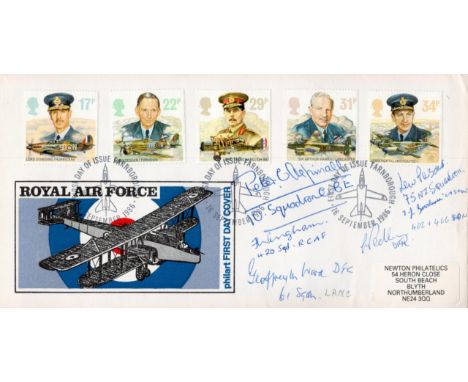 WW2 RAF Flown FDC Multi Signed inc Peter Aspinall, Geoffrey Ward, Lew Parsons, Les Pedley and Fred Wingham. 5 Military RAF St