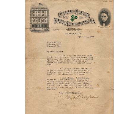 Charlie Chaplin TLS dated April 6th 1916 on headed Charlie Chaplin Music Publishing  Co paper in which he thanks a screen fri
