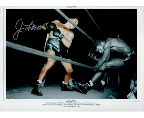 Jake LaMotta signed 16x12 colourised print picturing the iconic moment knocking Sugar Ray Robinson through the ropes in 1943.