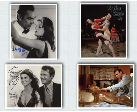 007 James Bond collection of four 8x10 Bond movie photos signed by Shirley Eaton (Goldfinger), Caroline Munro (The Spy Who Lo