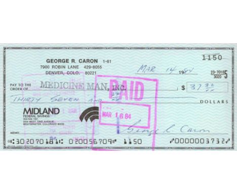 WW2 Technical Sergeant George Robert Caron signed Midland Federal Savings Cheque dated Mar 14 1984. Technical Sergeant George