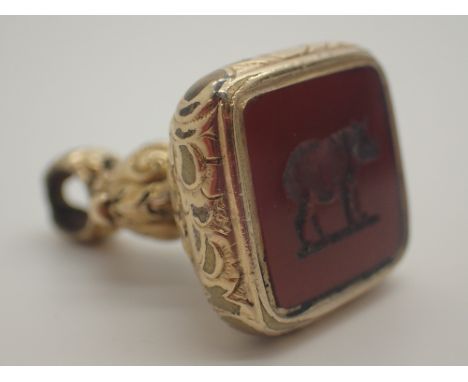 Pinchbeck Georgian seal with intaglio carnelian rhinoceros